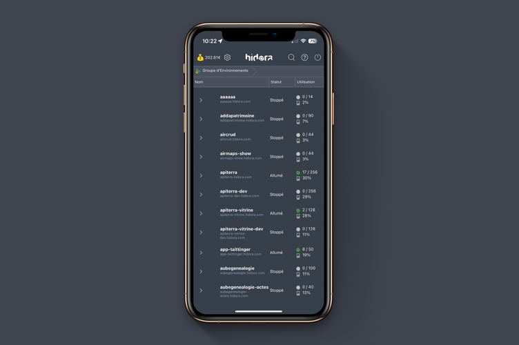 Hidora - Liste des environnements